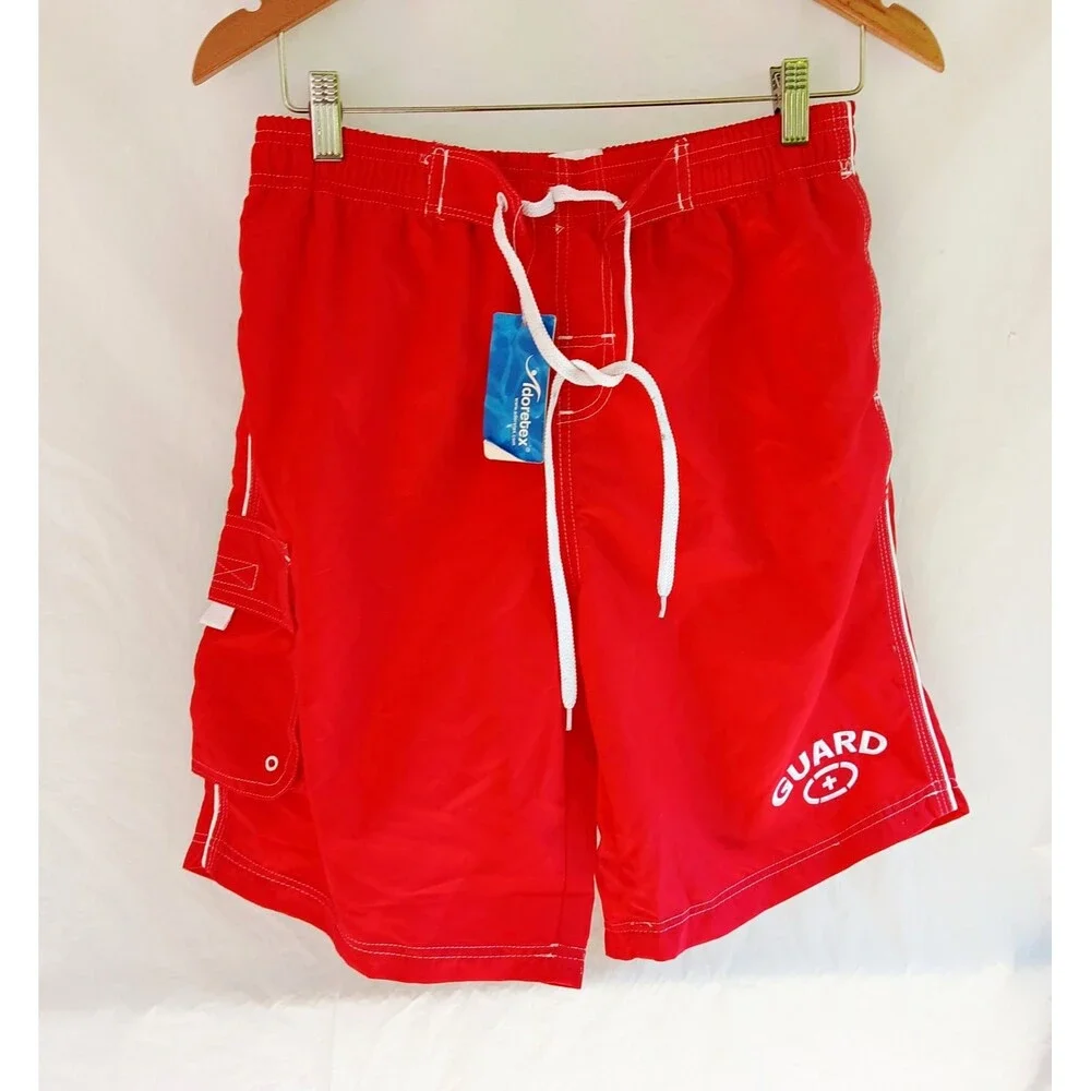 Adoretex Men’s Red Lifeguard Board Shorts Swim Bottom Mesh Lined Drawstring S